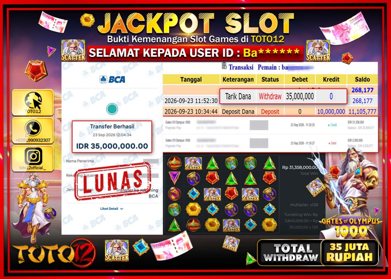 HANYA DI TOTO12 JP PASTI DI BAYAR LUNAS DAN CEPAT!!!!!! JACKPOT SLOT GAME (GATES OF OLYMPUS 1000) Rp35.000.000!!!!