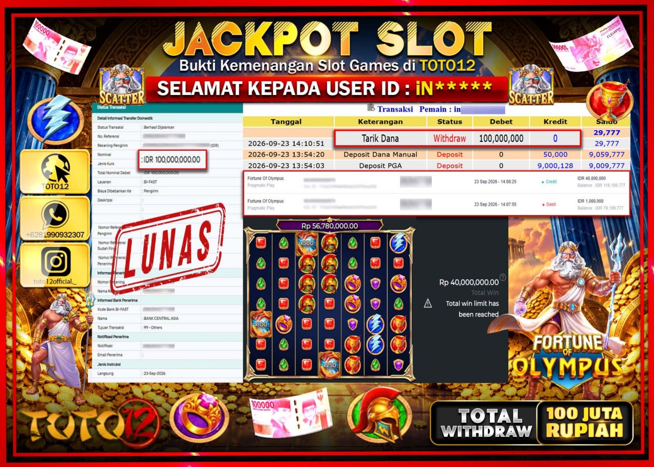 HANYA DI TOTO12 JP PASTI DI BAYAR LUNAS DAN CEPAT!!!!!! JACKPOT SLOT GAME (FORTUNE OF OLYMPUS) Rp100.000.000!!!!