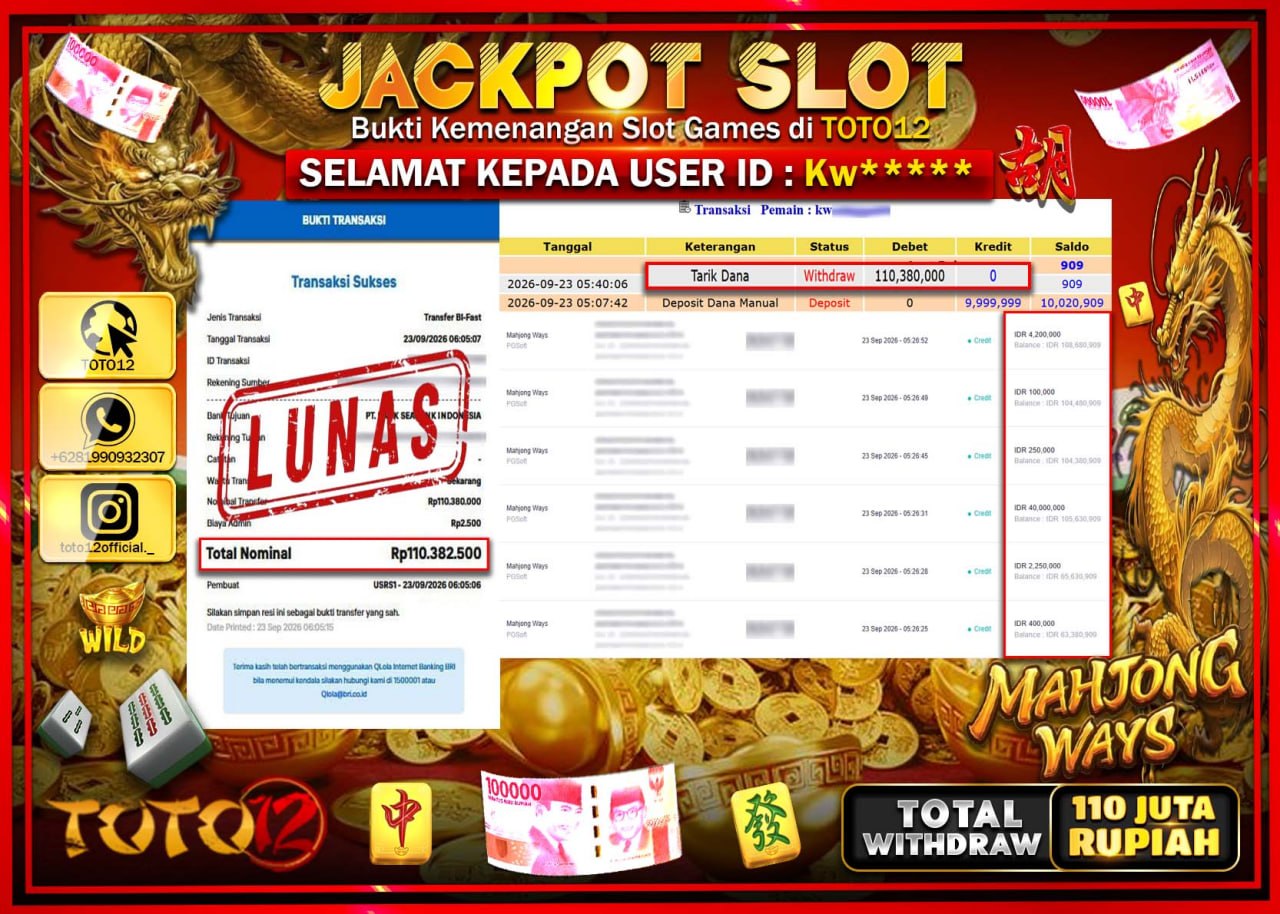 HANYA DI TOTO12 JP PASTI DI BAYAR LUNAS DAN CEPAT!!!!!! JACKPOT SLOT GAME (MAHJONG WAYS) Rp110.380.000!!!!