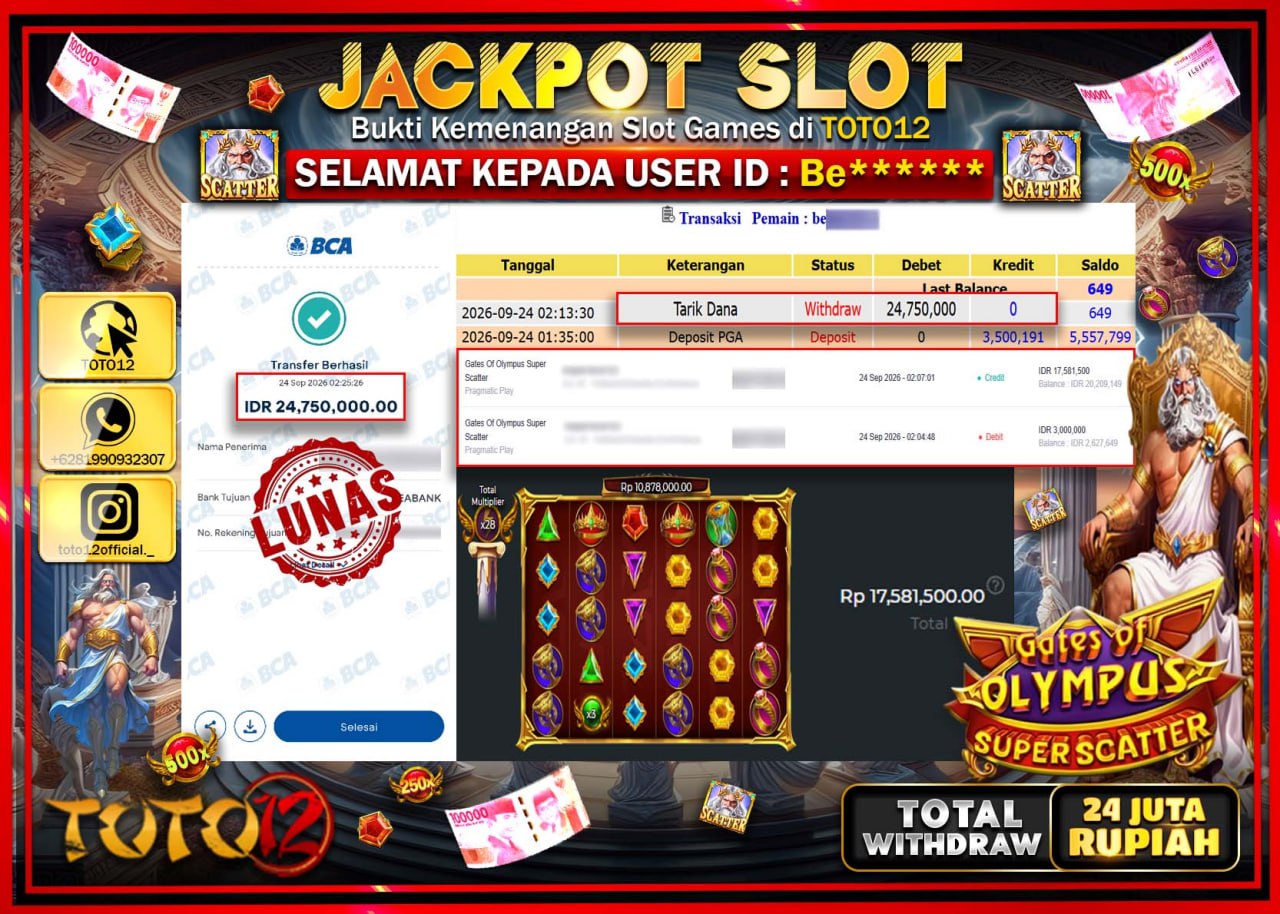 HANYA DI TOTO12 JP PASTI DI BAYAR LUNAS DAN CEPAT!!!!!! JACKPOT SLOT GAME (GATES OF OLYMPUS SUPER SCATTER) Rp24.750.000!!!!