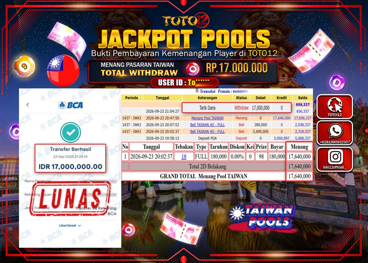 HANYA DI TOTO12 JP PASTI DI BAYAR LUNAS DAN CEPAT!!!!!! JACKPOT POOLS PASARAN (TAIWAN) Rp17.000.000!!!!
