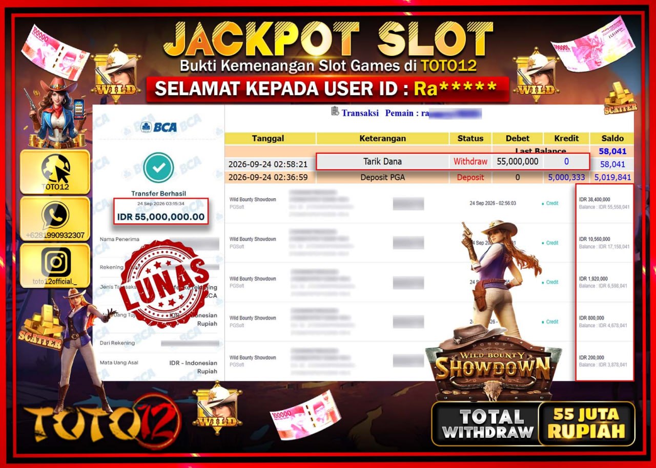 HANYA DI TOTO12 JP PASTI DI BAYAR LUNAS DAN CEPAT!!!!!! JACKPOT SLOT GAME (WILD BOUNTY SHOWDOWN) Rp55.000.000!!!!