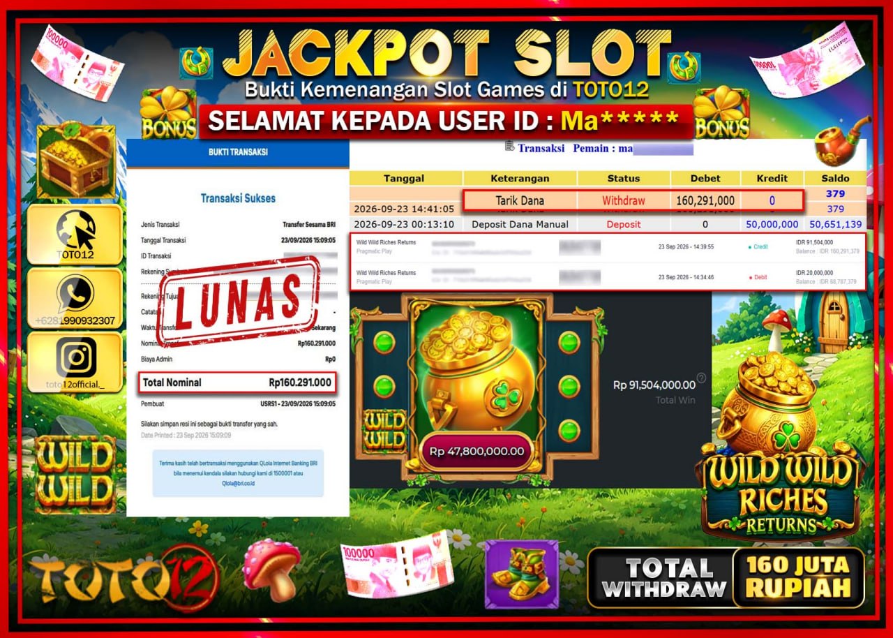 HANYA DI TOTO12 JP PASTI DI BAYAR LUNAS DAN CEPAT!!!!!! JACKPOT SLOT GAME (WILD WILD RICHES RETURNS) Rp160.291.000!!!!