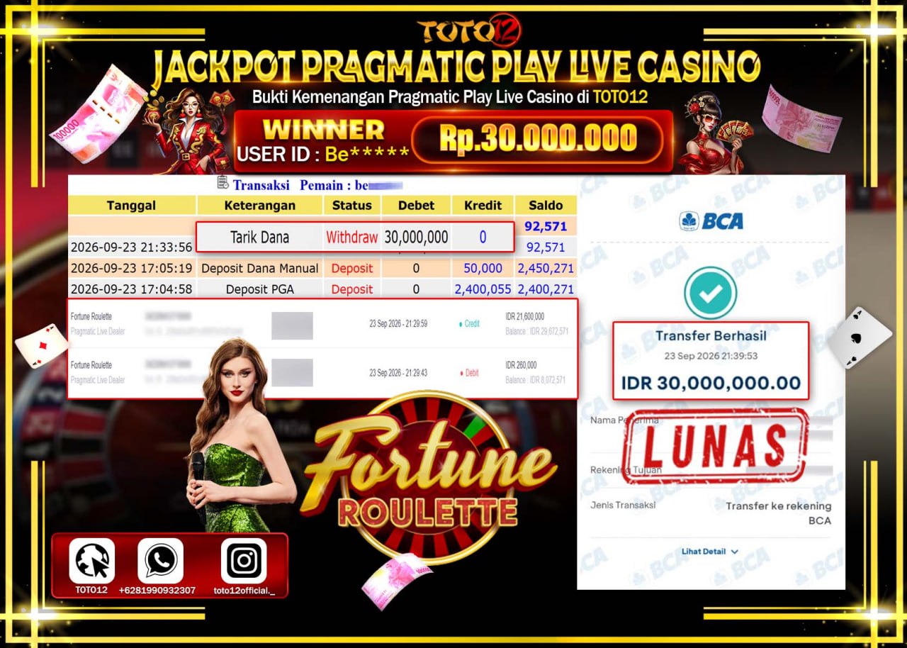 HANYA DI TOTO12 JP PASTI DI BAYAR LUNAS DAN CEPAT!!!!!! JACKPOT PRAGMATIC PLAY LIVE GAME CASINO (FORTUNE ROULETTE) Rp30.000.000!!!!
