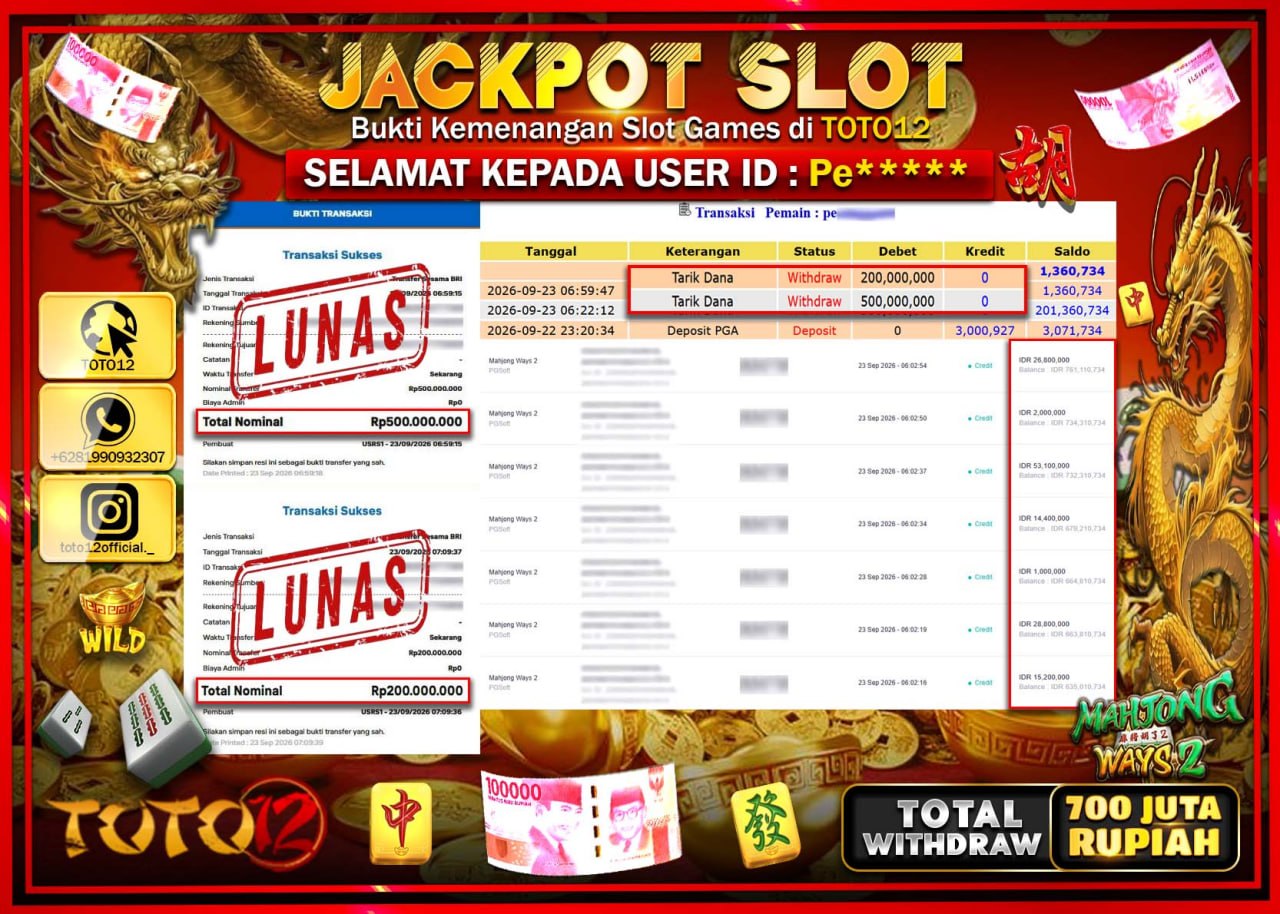 HANYA DI TOTO12 JP PASTI DI BAYAR LUNAS DAN CEPAT!!!!!! JACKPOT SLOT GAME (MAHJONG WAYS 2) Rp700.000.000!!!!