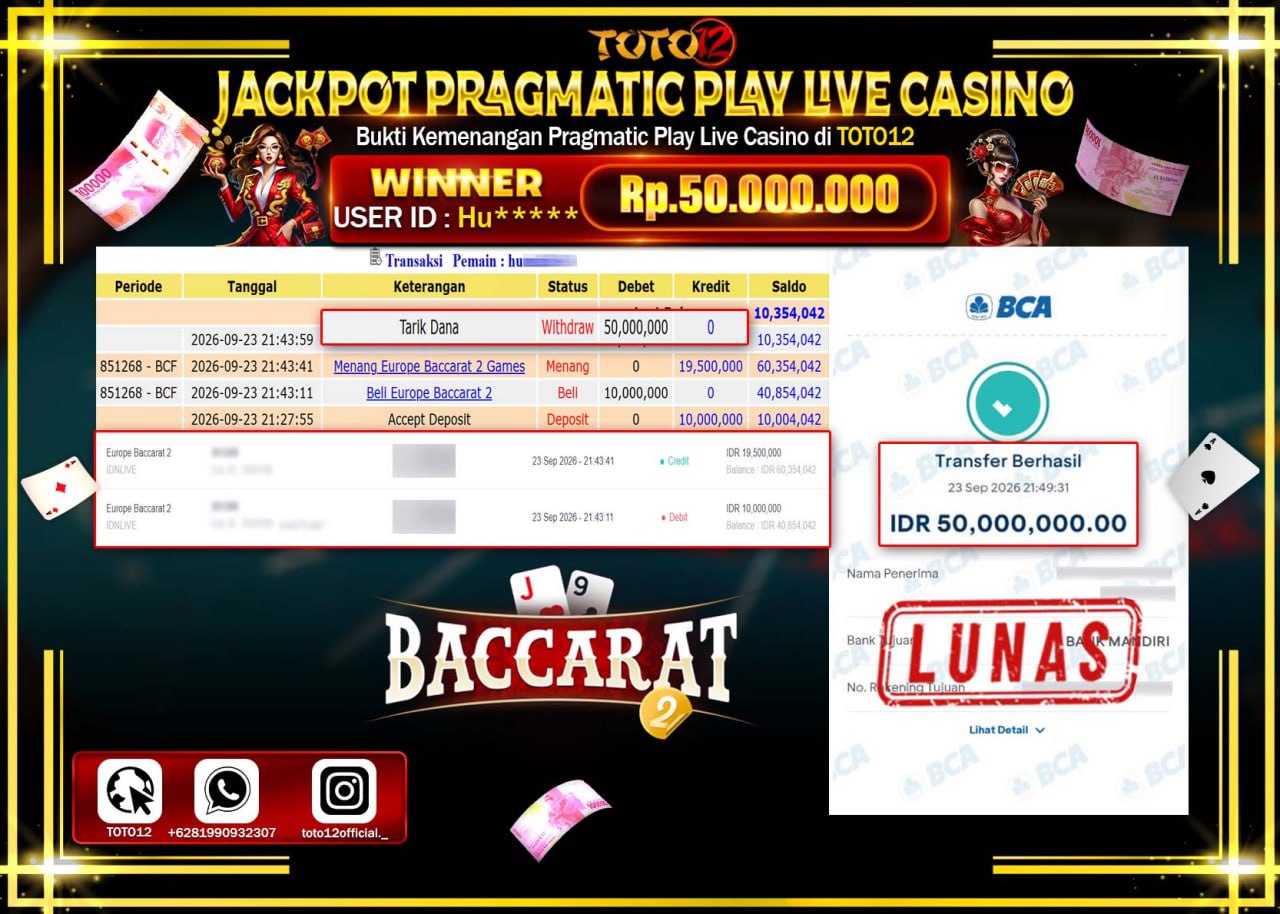 HANYA DI TOTO12 JP PASTI DI BAYAR LUNAS DAN CEPAT!!!!!! JACKPOT PRAGMATIC PLAY LIVE GAME CASINO (EUROPE BACCARAT 2) Rp50.000.000!!!!