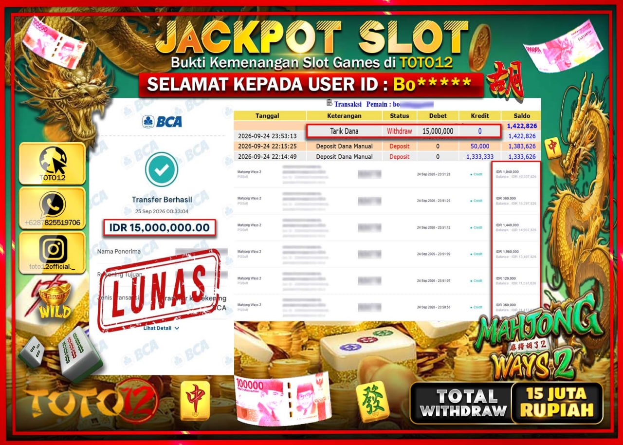 HANYA DI TOTO12 JP PASTI DI BAYAR LUNAS DAN CEPAT!!!!!! JACKPOT SLOT GAME (MAHJONG WAYS 2) Rp15.000.000!!!!