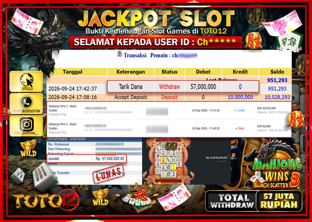 HANYA DI TOTO12 JP PASTI DI BAYAR LUNAS DAN CEPAT!!!!!! JACKPOT SLOT GAME (MAHJONG WINS 3 BLACK SCATTER) Rp57.000.000!!!!