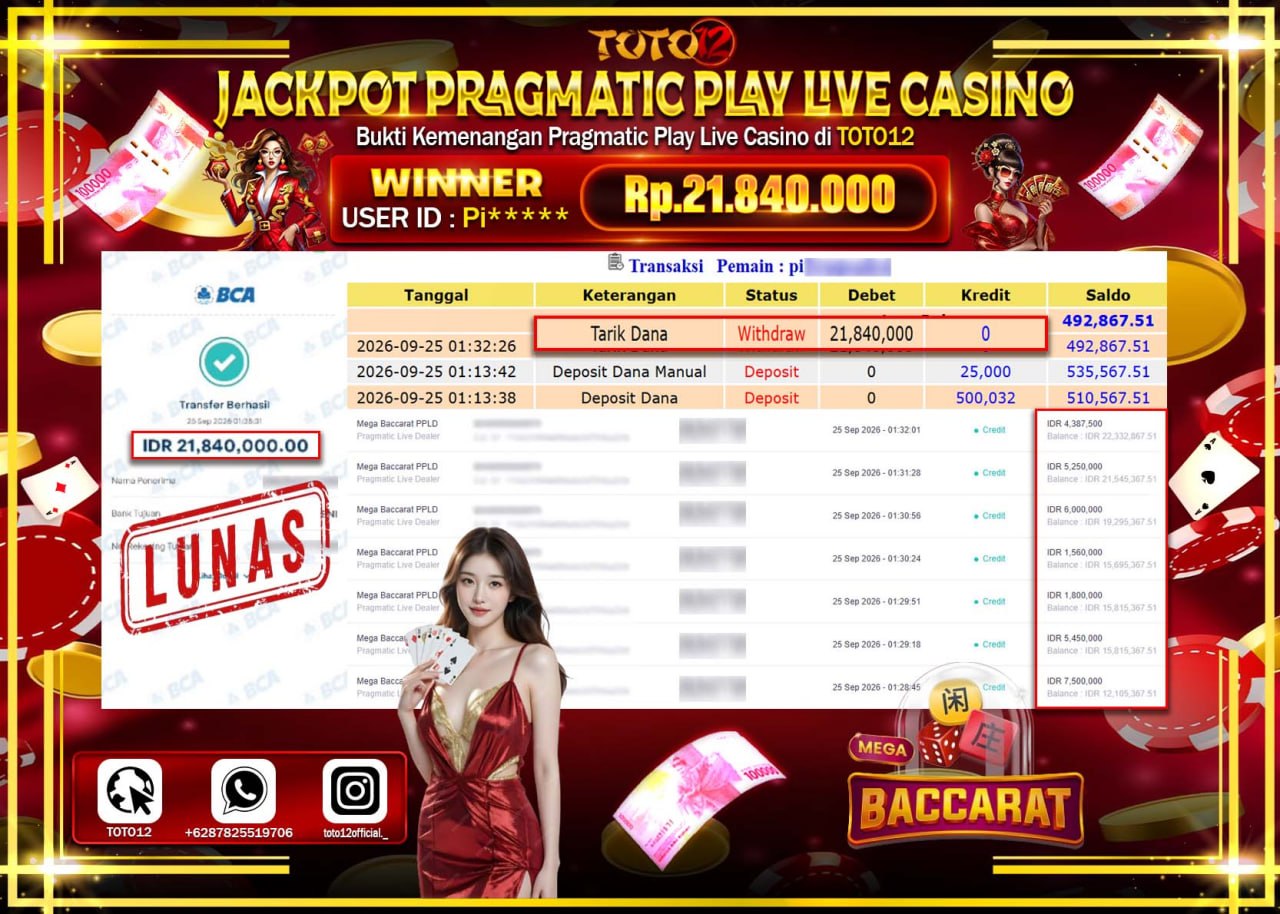 HANYA DI TOTO12 JP PASTI DI BAYAR LUNAS DAN CEPAT!!!!!! JACKPOT PRAGMATIC PLAY LIVE GAME CASINO (MEGA BACCARAT PPLD) Rp21.840.000!!!!