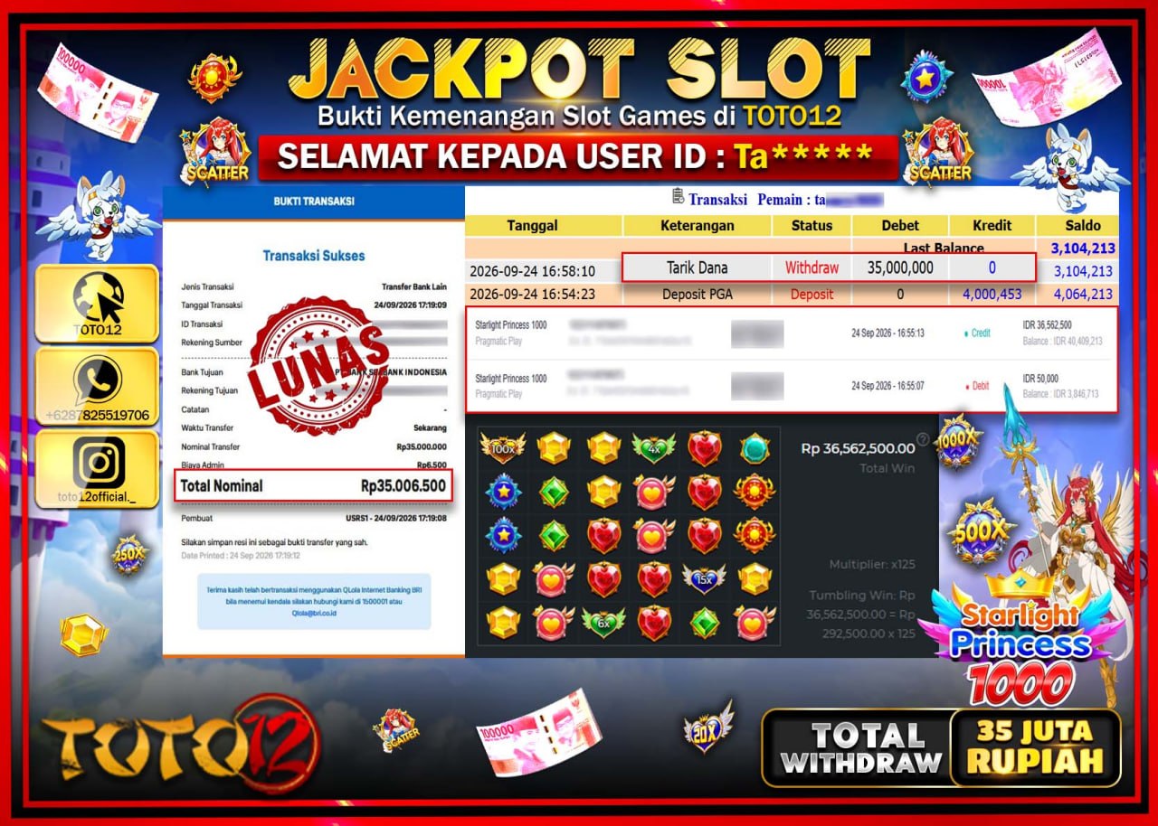 HANYA DI TOTO12 JP PASTI DI BAYAR LUNAS DAN CEPAT!!!!!! JACKPOT SLOT GAME (STARLIGHT PRINCESS 1000) Rp35.000.000!!!!