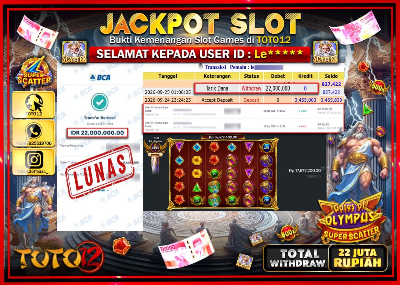 HANYA DI TOTO12 JP PASTI DI BAYAR LUNAS DAN CEPAT!!!!!! JACKPOT SLOT GAME (GATES OF OLYMPUS SUPER SCATTER) Rp22.000.000!!!!