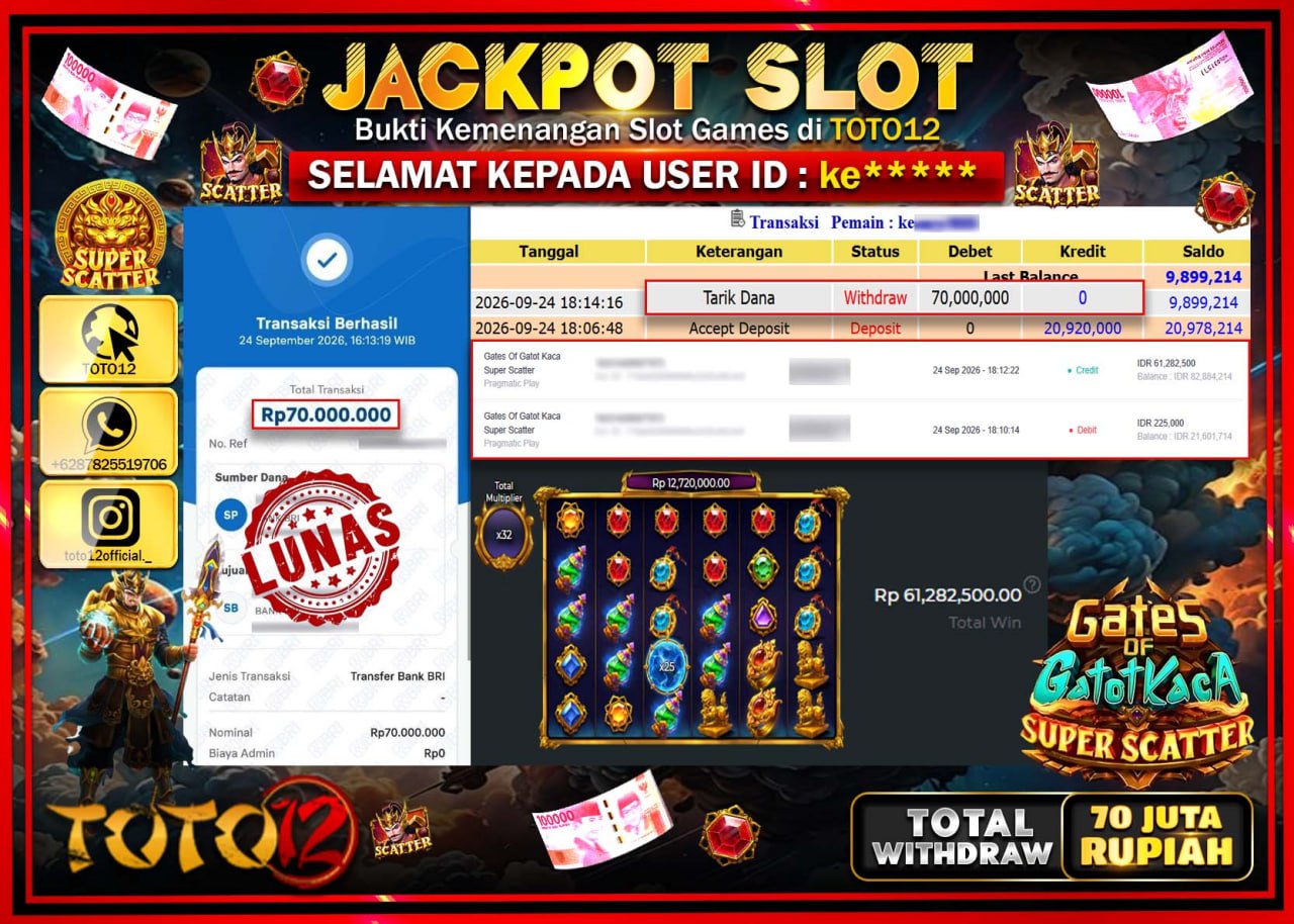 HANYA DI TOTO12 JP PASTI DI BAYAR LUNAS DAN CEPAT!!!!!! JACKPOT SLOT GAME (GATES OF GATOTKACA SUPER SCATTER) Rp70.000.000!!!!