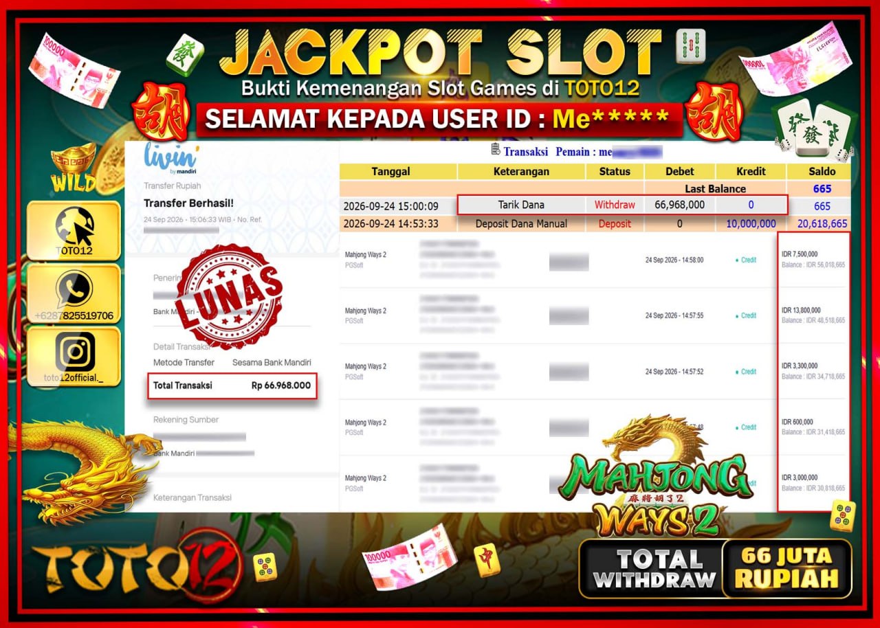 HANYA DI TOTO12 JP PASTI DI BAYAR LUNAS DAN CEPAT!!!!!! JACKPOT SLOT GAME (MAHJONG WAYS 2) Rp66.968.000!!!!