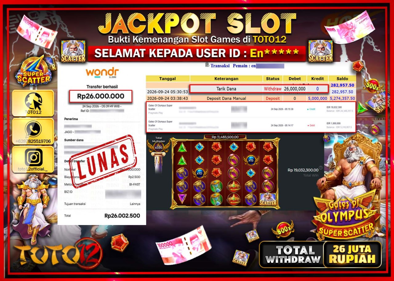 HANYA DI TOTO12 JP PASTI DI BAYAR LUNAS DAN CEPAT!!!!!! JACKPOT SLOT GAME (GATES OF OLYMPUS SUPER SCATTER) Rp26.000.000!!!!