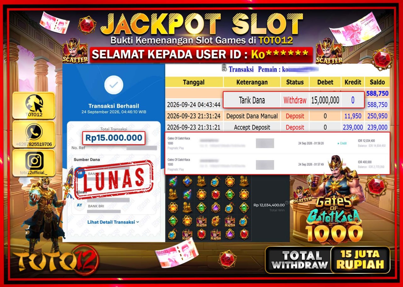 HANYA DI TOTO12 JP PASTI DI BAYAR LUNAS DAN CEPAT!!!!!! JACKPOT SLOT GAME (GATES OF GATOTKACA 1000) Rp15.000.000!!!!