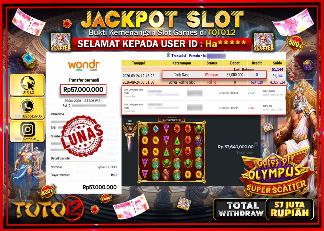 HANYA DI TOTO12 JP PASTI DI BAYAR LUNAS DAN CEPAT!!!!!! JACKPOT SLOT GAME (GATES OF OLYMPUS SUPER SCATTER) Rp57.000.000!!!!
