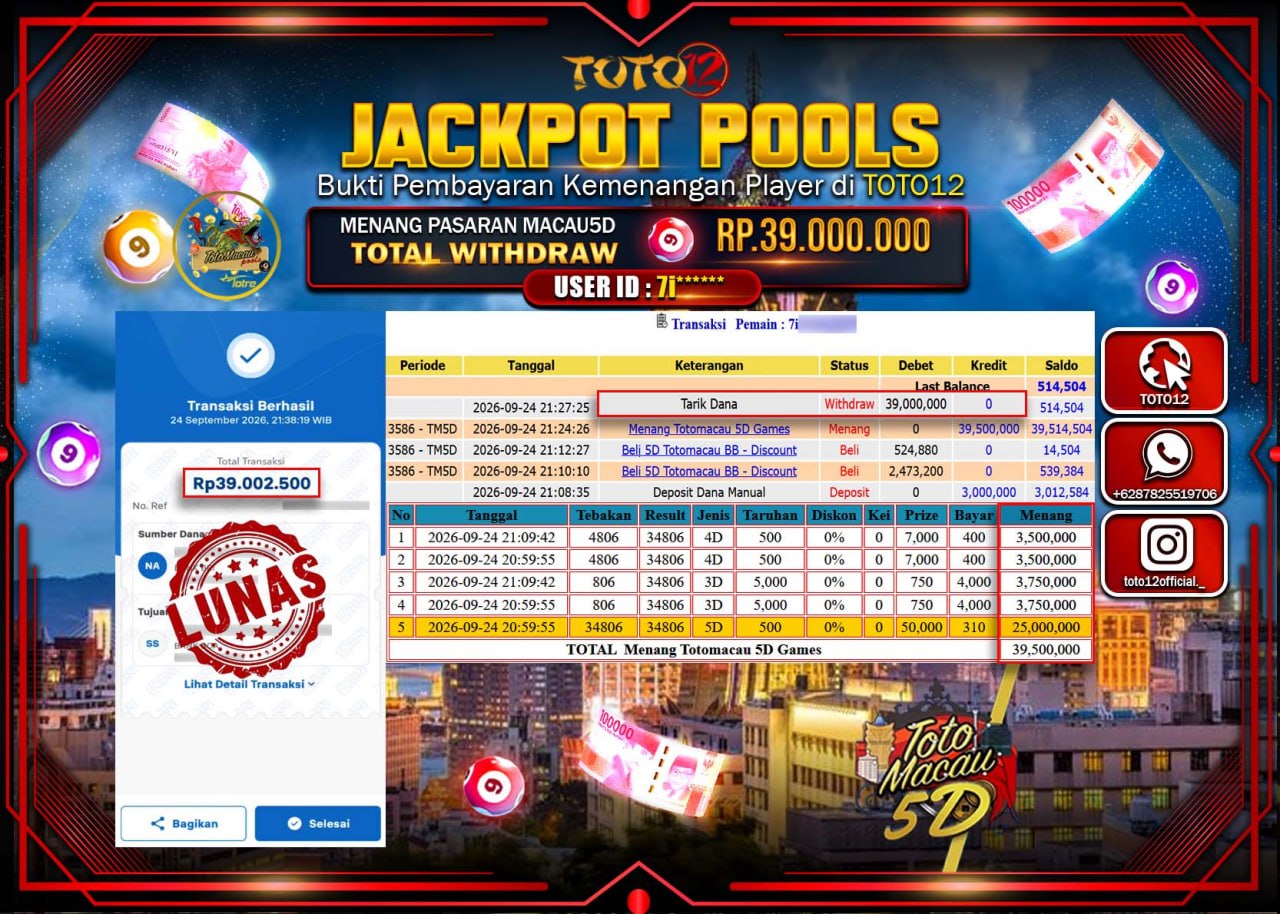 HANYA DI TOTO12 JP PASTI DI BAYAR LUNAS DAN CEPAT!!!!!! JACKPOT POOLS PASARAN (MACAU 5D) Rp39.000.000!!!!