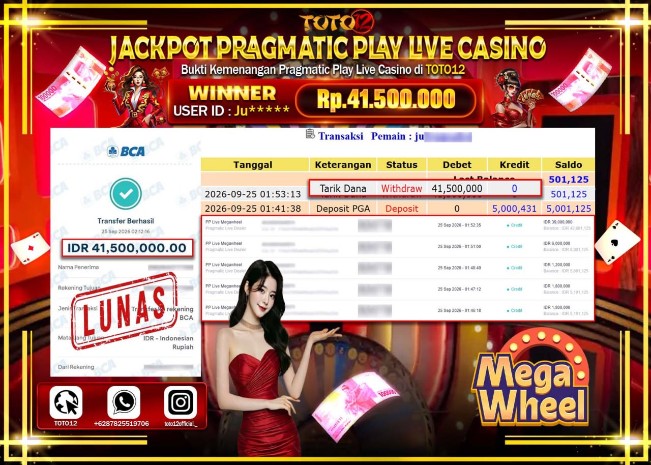 HANYA DI TOTO12 JP PASTI DI BAYAR LUNAS DAN CEPAT!!!!!! JACKPOT PRAGMATIC PLAY LIVE GAME CASINO (PP LIVE MEGAWHEEL) Rp41.500.000!!!!