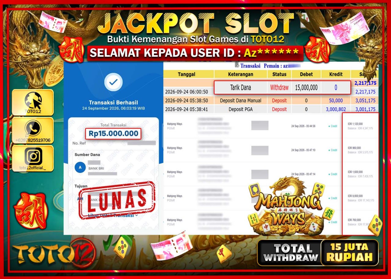HANYA DI TOTO12 JP PASTI DI BAYAR LUNAS DAN CEPAT!!!!!! JACKPOT SLOT GAME (MAHJONG WAYS) Rp15.000.000!!!!