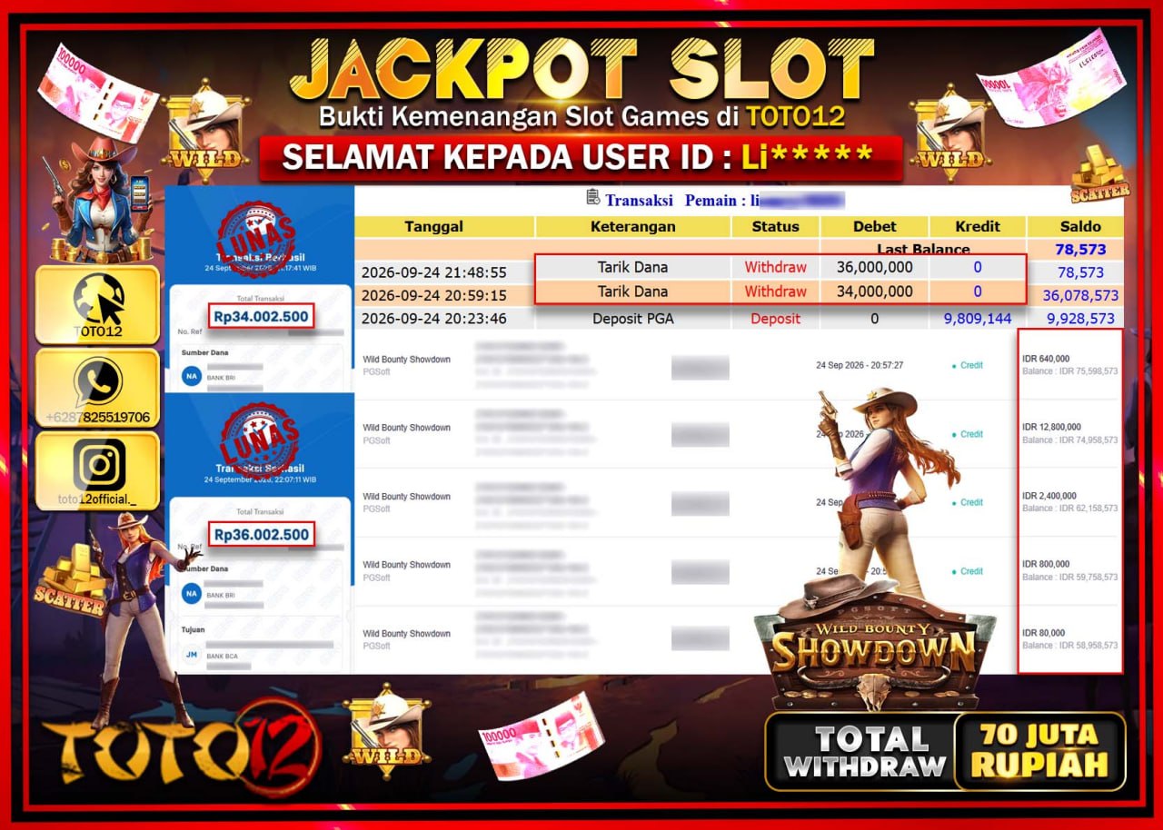 HANYA DI TOTO12 JP PASTI DI BAYAR LUNAS DAN CEPAT!!!!!! JACKPOT SLOT GAME (WILD BOUNTY SHOWDOWN) Rp70.000.000!!!!