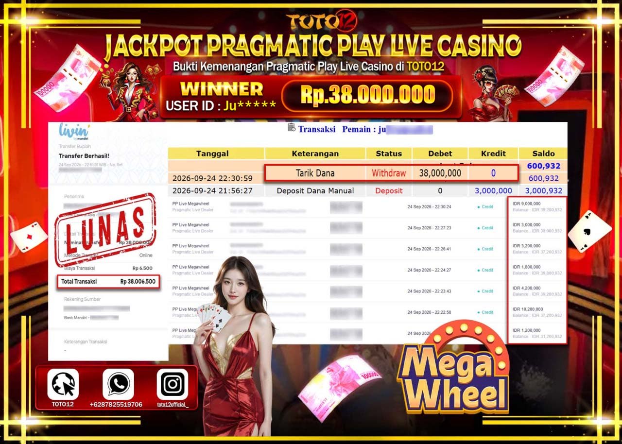 HANYA DI TOTO12 JP PASTI DI BAYAR LUNAS DAN CEPAT!!!!!! JACKPOT PRAGMATIC PLAY LIVE GAME CASINO (PP LIVE MEGA WHEEL) Rp38.000.000!!!!