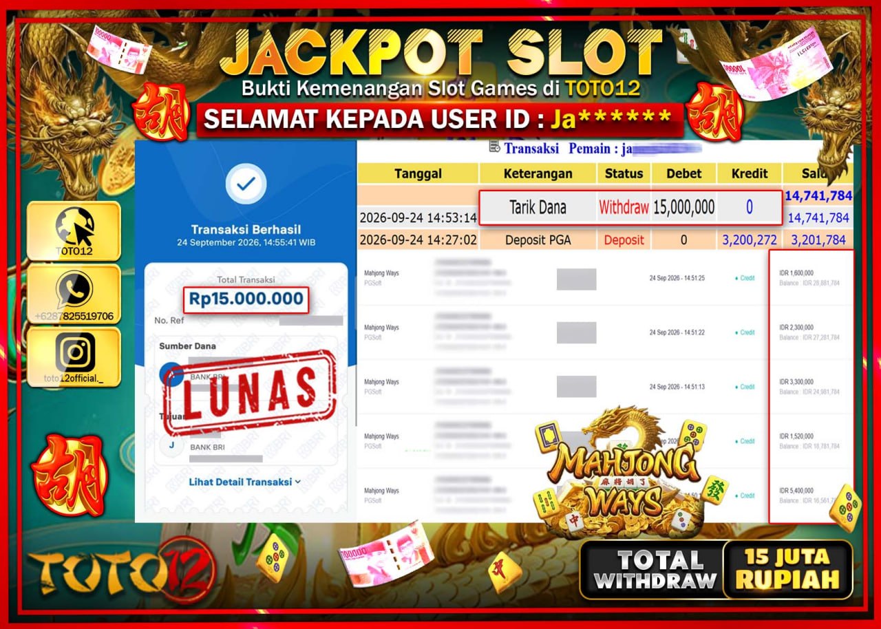 HANYA DI TOTO12 JP PASTI DI BAYAR LUNAS DAN CEPAT!!!!!! JACKPOT SLOT GAME (MAHJONG WAYS) Rp15.000.000!!!!