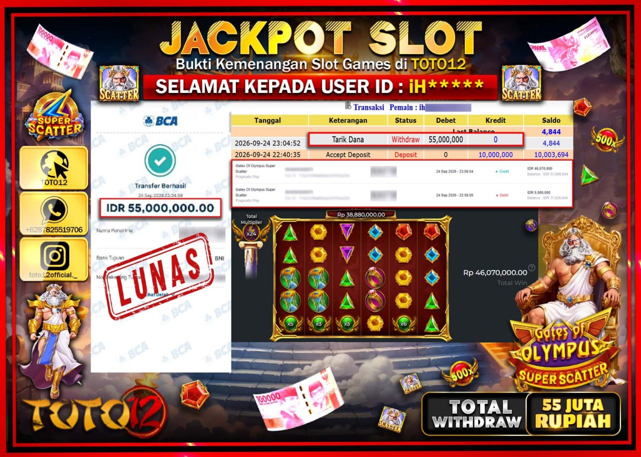 HANYA DI TOTO12 JP PASTI DI BAYAR LUNAS DAN CEPAT!!!!!! JACKPOT SLOT GAME (GATES OF OLYMPUS SUPER SCATTER) Rp55.000.000!!!!