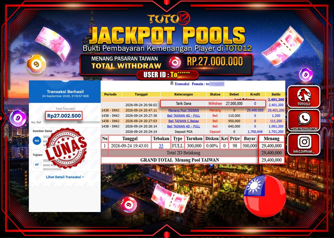 HANYA DI TOTO12 JP PASTI DI BAYAR LUNAS DAN CEPAT!!!!!! JACKPOT POOLS PASARAN (TAIWAN) Rp27.000.000!!!!