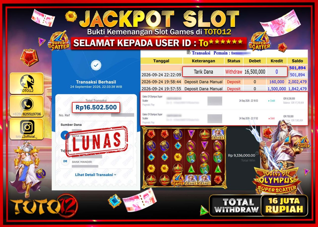 HANYA DI TOTO12 JP PASTI DI BAYAR LUNAS DAN CEPAT!!!!!! JACKPOT SLOT GAME (GATES OF OLYMPUS SUPER SCATTER) Rp16.500.000!!!!