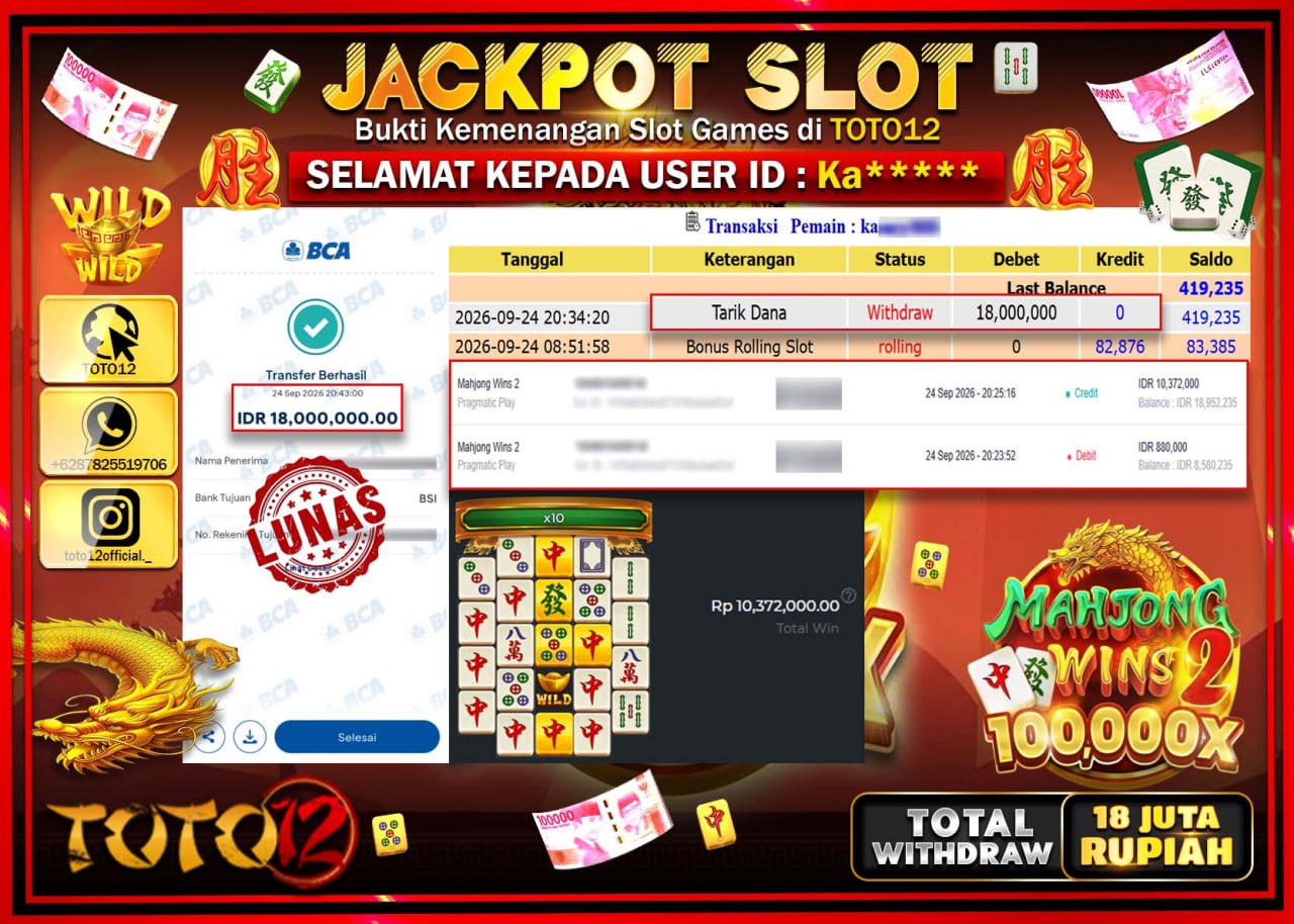 HANYA DI TOTO12 JP PASTI DI BAYAR LUNAS DAN CEPAT!!!!!! JACKPOT SLOT GAME (MAHJONG WINS 2) Rp18.000.000!!!!