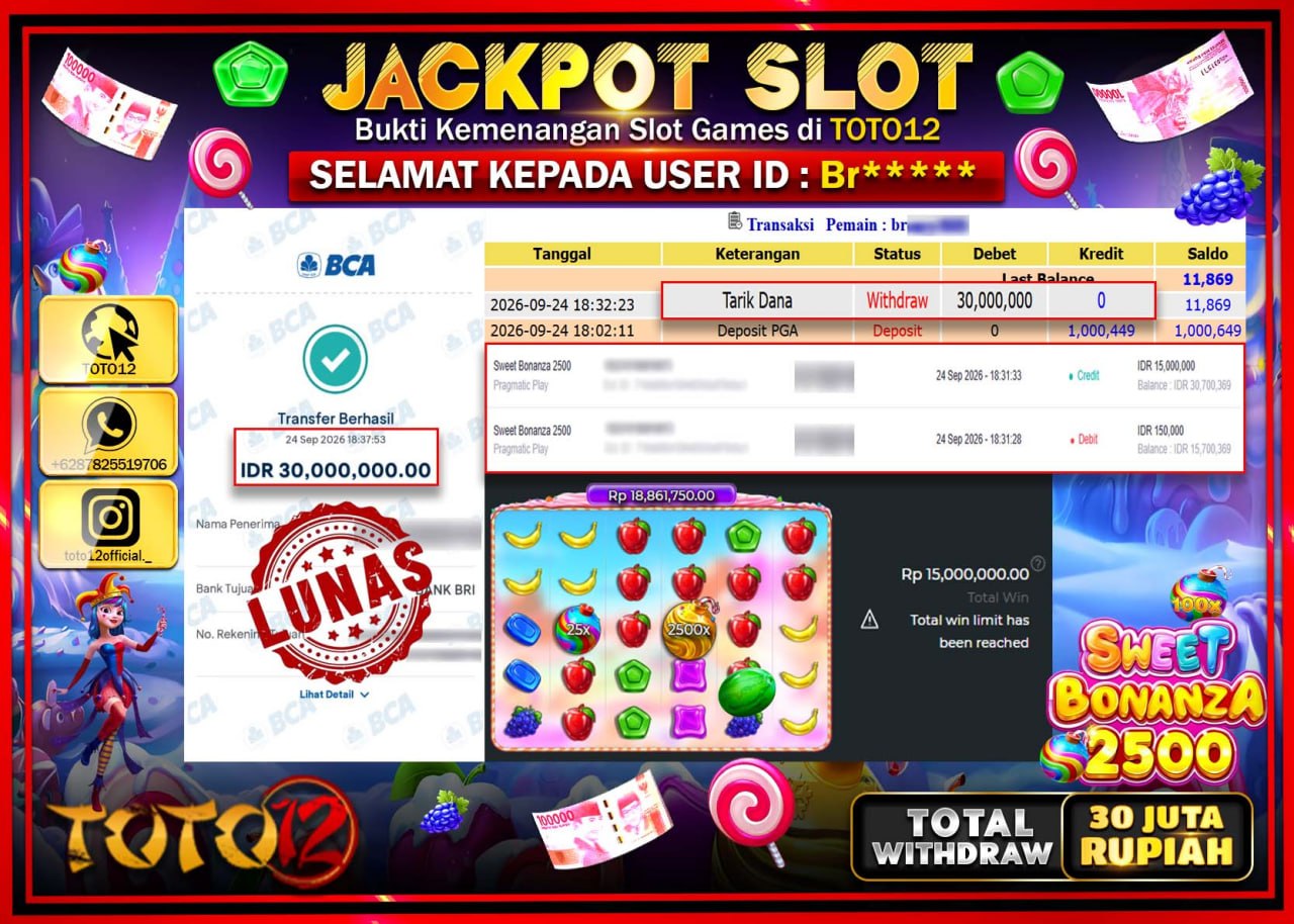 HANYA DI TOTO12 JP PASTI DI BAYAR LUNAS DAN CEPAT!!!!!! JACKPOT SLOT GAME (SWEET BONANZA 2500) Rp30.000.000!!!!