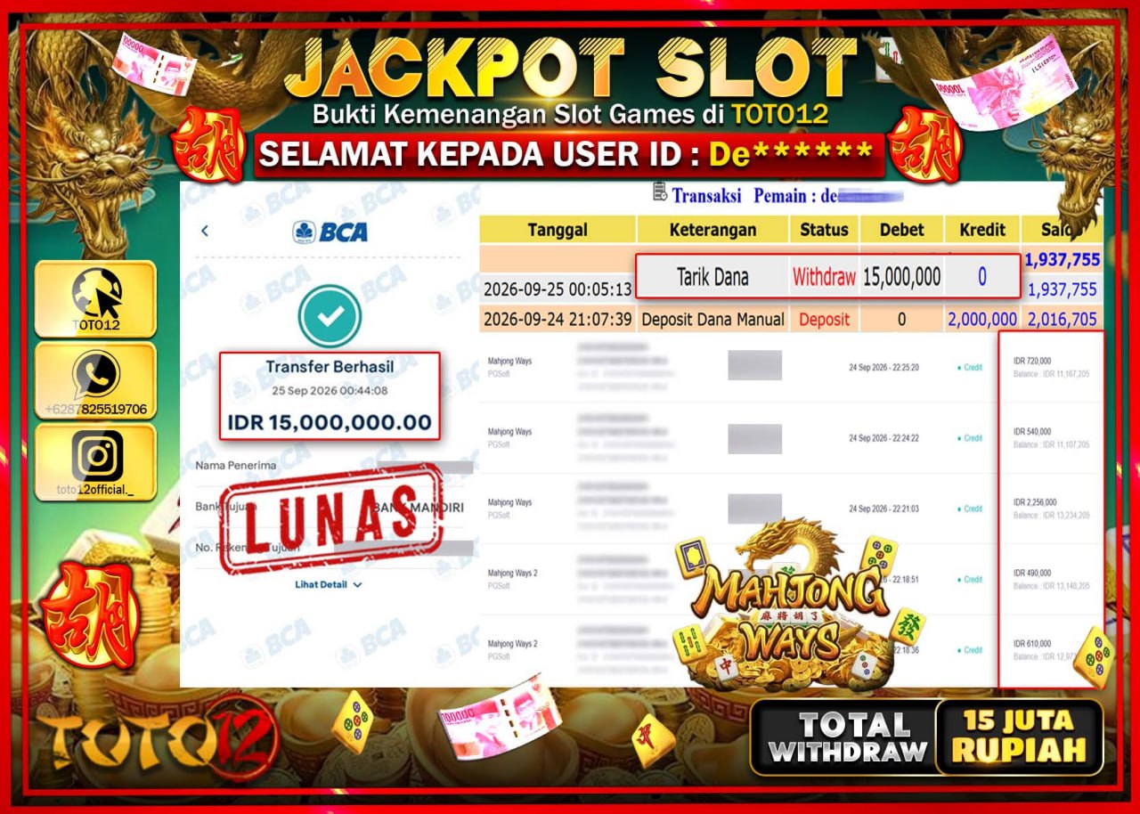 HANYA DI TOTO12 JP PASTI DI BAYAR LUNAS DAN CEPAT!!!!!! JACKPOT SLOT GAME (MAHJONG WAYS) Rp15.000.000!!!!