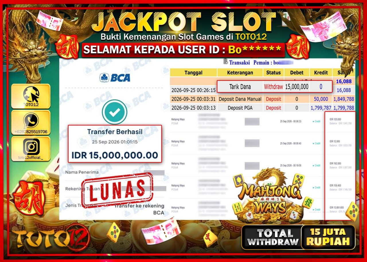 HANYA DI TOTO12 JP PASTI DI BAYAR LUNAS DAN CEPAT!!!!!! JACKPOT SLOT GAME (MAHJONG WAYS) Rp15.000.000!!!!