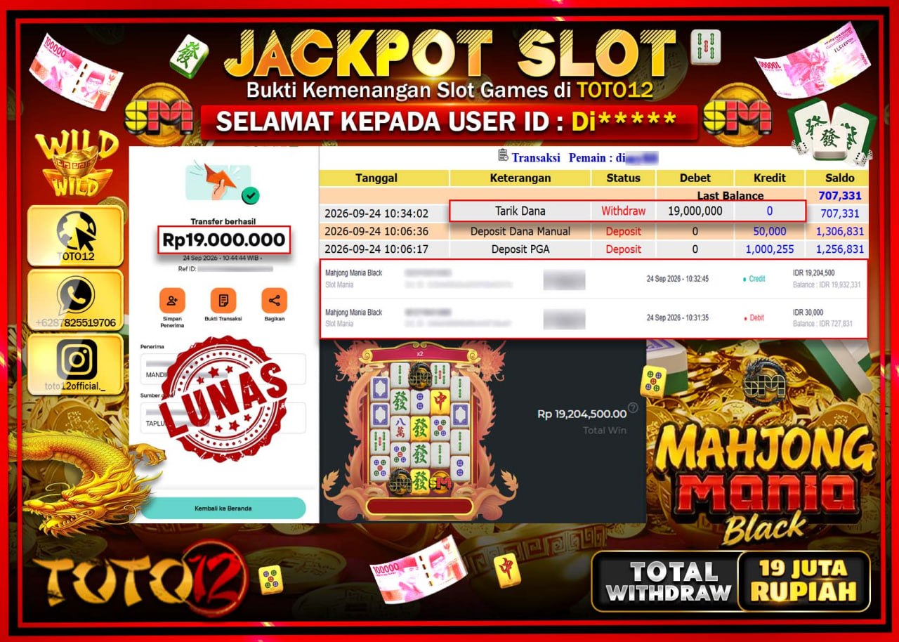 HANYA DI TOTO12 JP PASTI DI BAYAR LUNAS DAN CEPAT!!!!!! JACKPOT SLOT GAME (MAHJONG MANIA BLACK) Rp19.000.000!!!!