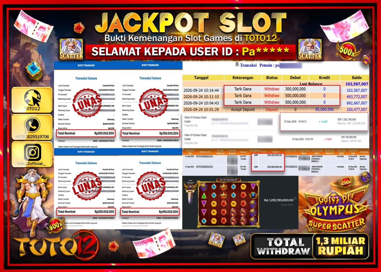HANYA DI TOTO12 JP PASTI DI BAYAR LUNAS DAN CEPAT!!!!!! JACKPOT SLOT GAME (GATES OF OLYMPUS SUPER SCATTER) Rp1.300.000.000!!!!