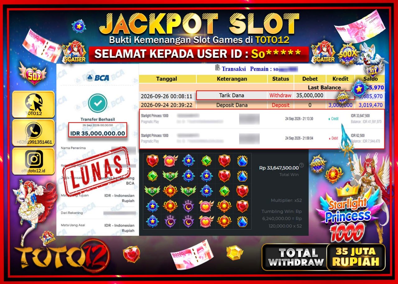 HANYA DI TOTO12 JP PASTI DI BAYAR LUNAS DAN CEPAT!!!!!! JACKPOT SLOT GAME (STARLIGHT PRINCESS 1000) Rp35.000.000!!!!