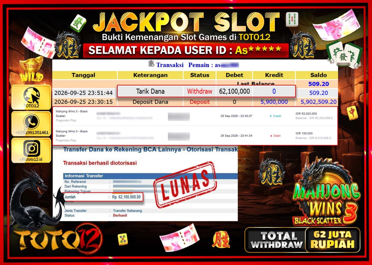 HANYA DI TOTO12 JP PASTI DI BAYAR LUNAS DAN CEPAT!!!!!! JACKPOT SLOT GAME (MAHJONG WINS 3 BLACK SCATTER) Rp62.100.000!!!!