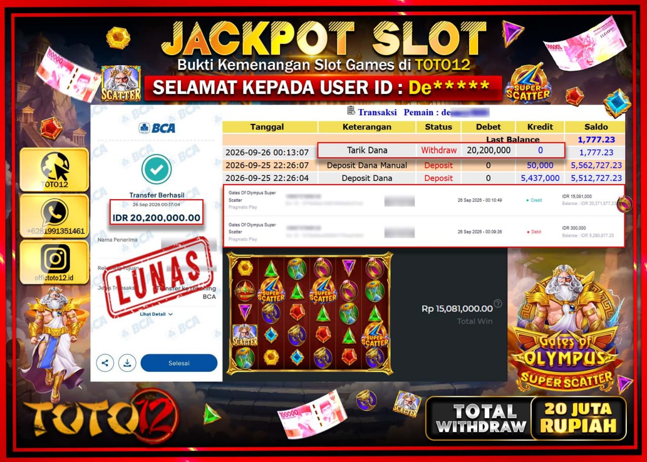 HANYA DI TOTO12 JP PASTI DI BAYAR LUNAS DAN CEPAT!!!!!! JACKPOT SLOT GAME (GATES OF OLYMPUS SUPER SCATTER) Rp20.200.000!!!!