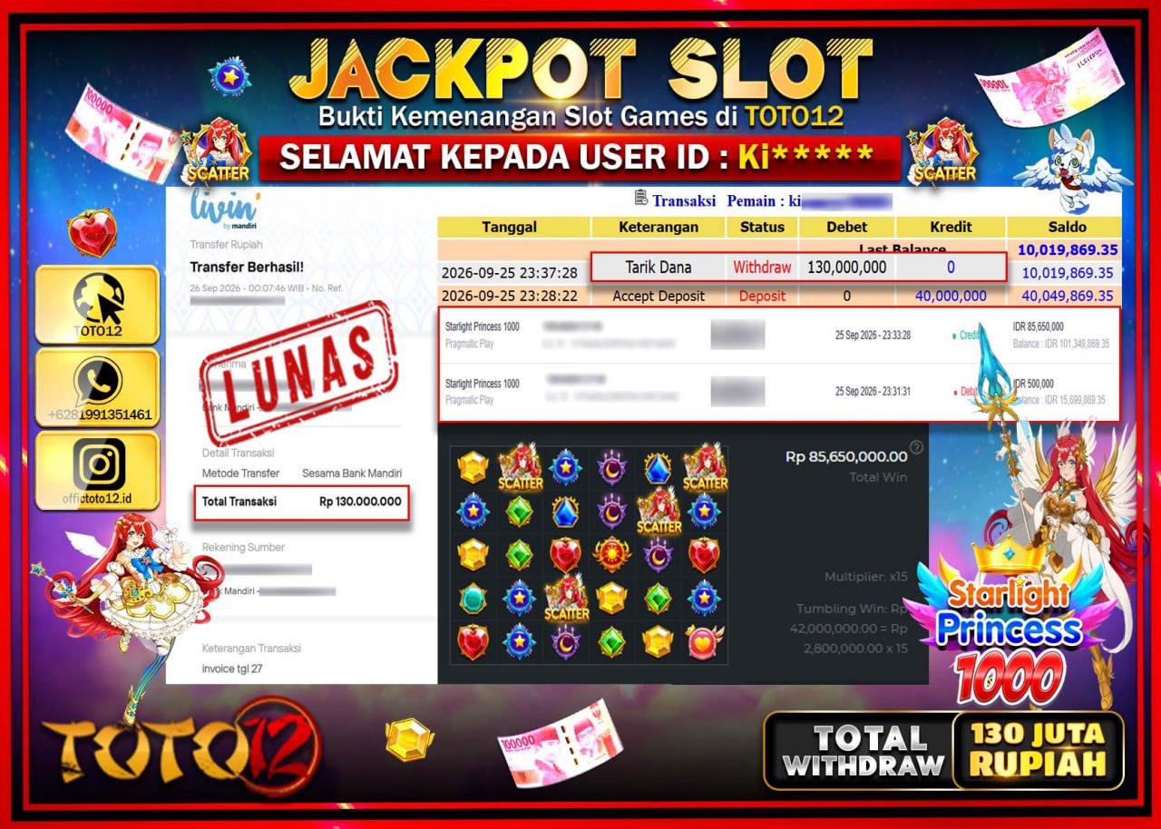 HANYA DI TOTO12 JP PASTI DI BAYAR LUNAS DAN CEPAT!!!!!! JACKPOT SLOT GAME (STARLIGHT PRINCESS 1000) Rp130.000.000!!!!
