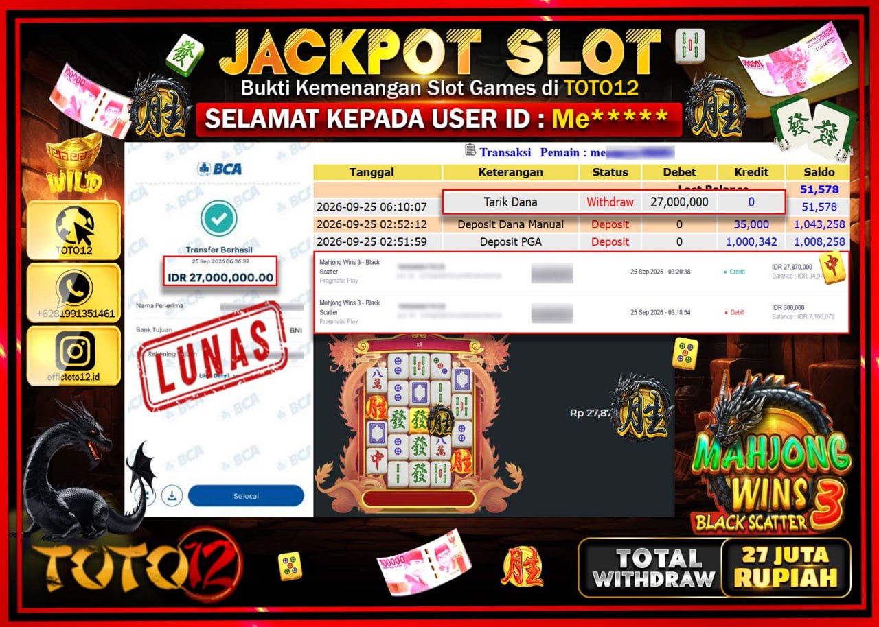 HANYA DI TOTO12 JP PASTI DI BAYAR LUNAS DAN CEPAT!!!!!! JACKPOT SLOT GAME (MAHJONG WINS 3 BLACK SCATTER) Rp27.000.000!!!!