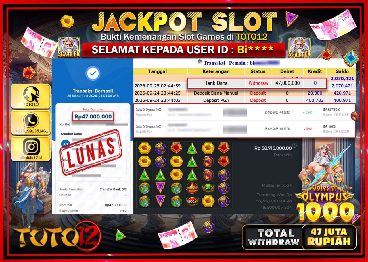 HANYA DI TOTO12 JP PASTI DI BAYAR LUNAS DAN CEPAT!!!!!! JACKPOT SLOT GAME (GATES OF OLYMPUS 1000) Rp47.000.000!!!!