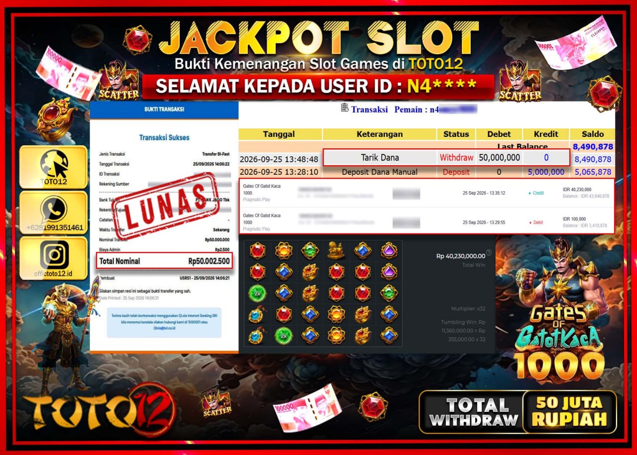 HANYA DI TOTO12 JP PASTI DI BAYAR LUNAS DAN CEPAT!!!!!! JACKPOT SLOT GAME (GATES OF GATOTKACA 1000) Rp50.000.000!!!!