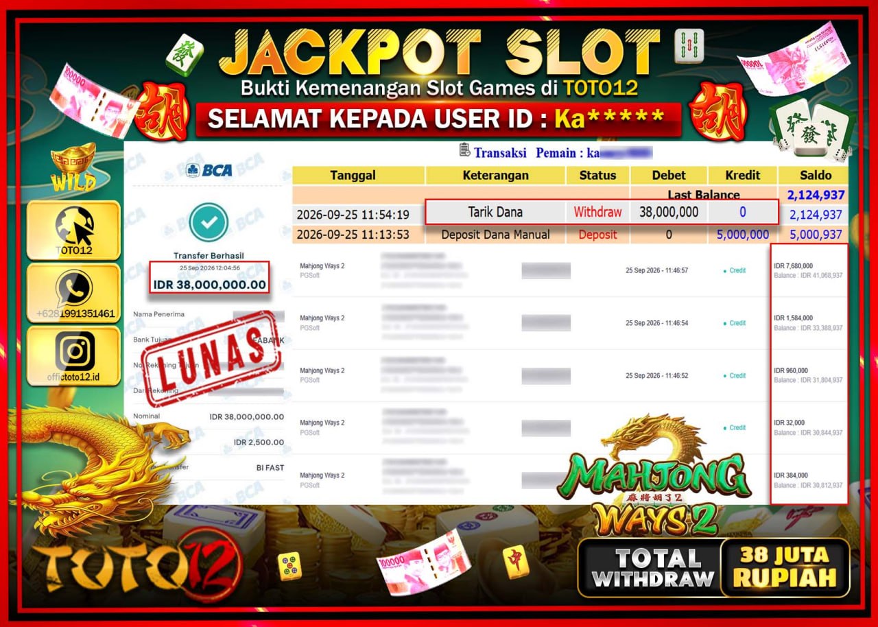 HANYA DI TOTO12 JP PASTI DI BAYAR LUNAS DAN CEPAT!!!!!! JACKPOT SLOT GAME (MAHJONG WAYS 2) Rp38.000.000!!!!