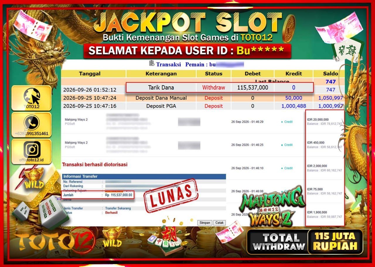 HANYA DI TOTO12 JP PASTI DI BAYAR LUNAS DAN CEPAT!!!!!! JACKPOT SLOT GAME (MAHJONG WAYS 2) Rp115.537.000!!!!