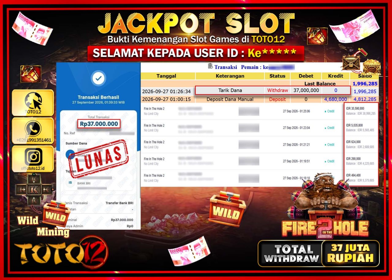 HANYA DI TOTO12 JP PASTI DI BAYAR LUNAS DAN CEPAT!!!!!! JACKPOT SLOT GAME (FIRE IN THE HOLE 2) Rp37.000.000!!!!