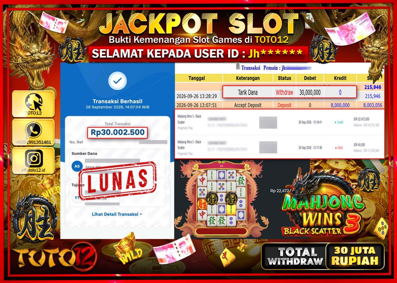 HANYA DI TOTO12 JP PASTI DI BAYAR LUNAS DAN CEPAT!!!!!! JACKPOT SLOT GAME (MAHJONG WINS 3 BLACK SCATTER) Rp30.000.000!!!!
