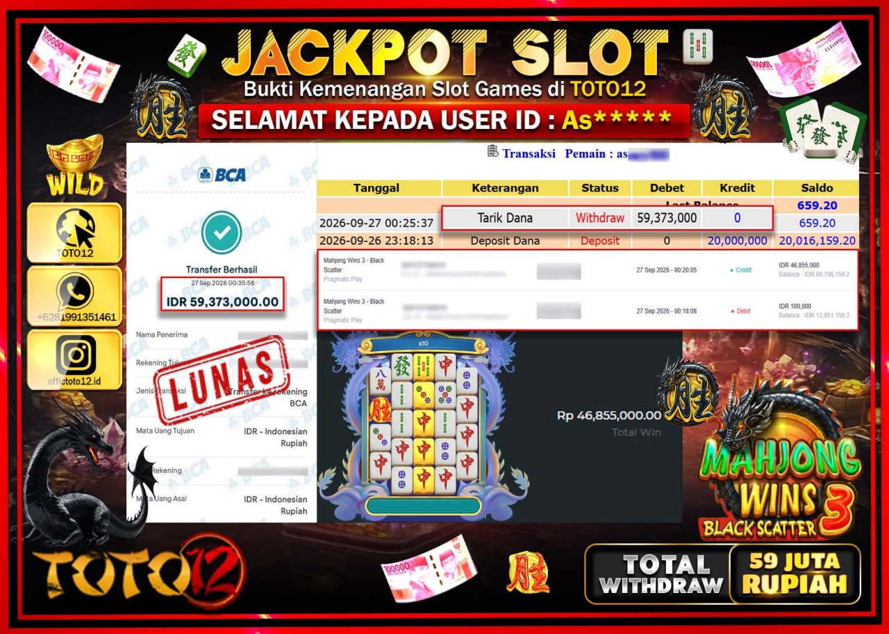 HANYA DI TOTO12 JP PASTI DI BAYAR LUNAS DAN CEPAT!!!!!! JACKPOT SLOT GAME (MAHJONG WINS 3 BLACK SCAATER) Rp59.373.000!!!!