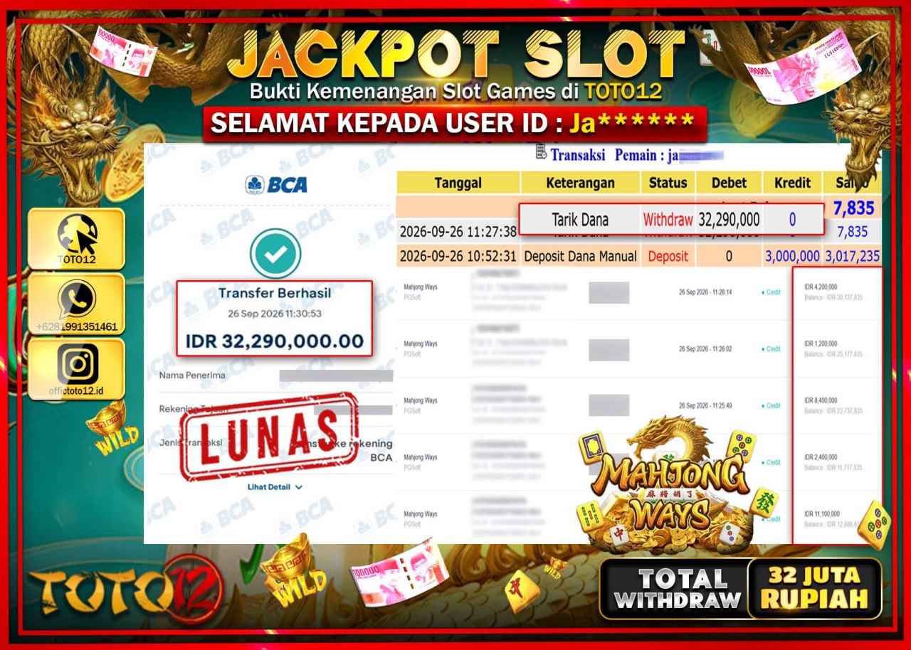 HANYA DI TOTO12 JP PASTI DI BAYAR LUNAS DAN CEPAT!!!!!! JACKPOT SLOT GAME (MAHJONG WAYS) Rp32.290.000!!!!