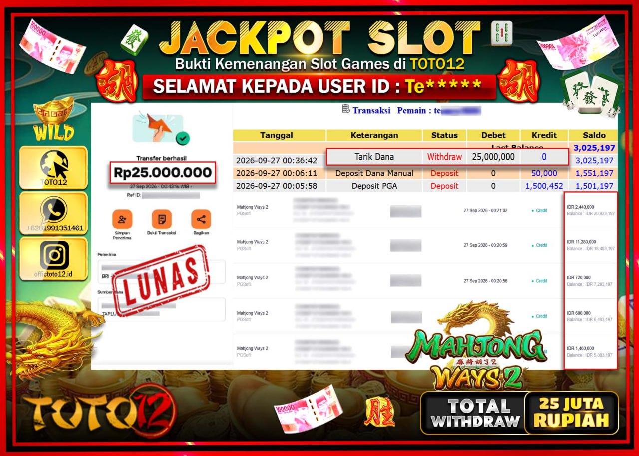 HANYA DI TOTO12 JP PASTI DI BAYAR LUNAS DAN CEPAT!!!!!! JACKPOT SLOT GAME (MAHJONG WAYS 2) Rp25.000.000!!!!