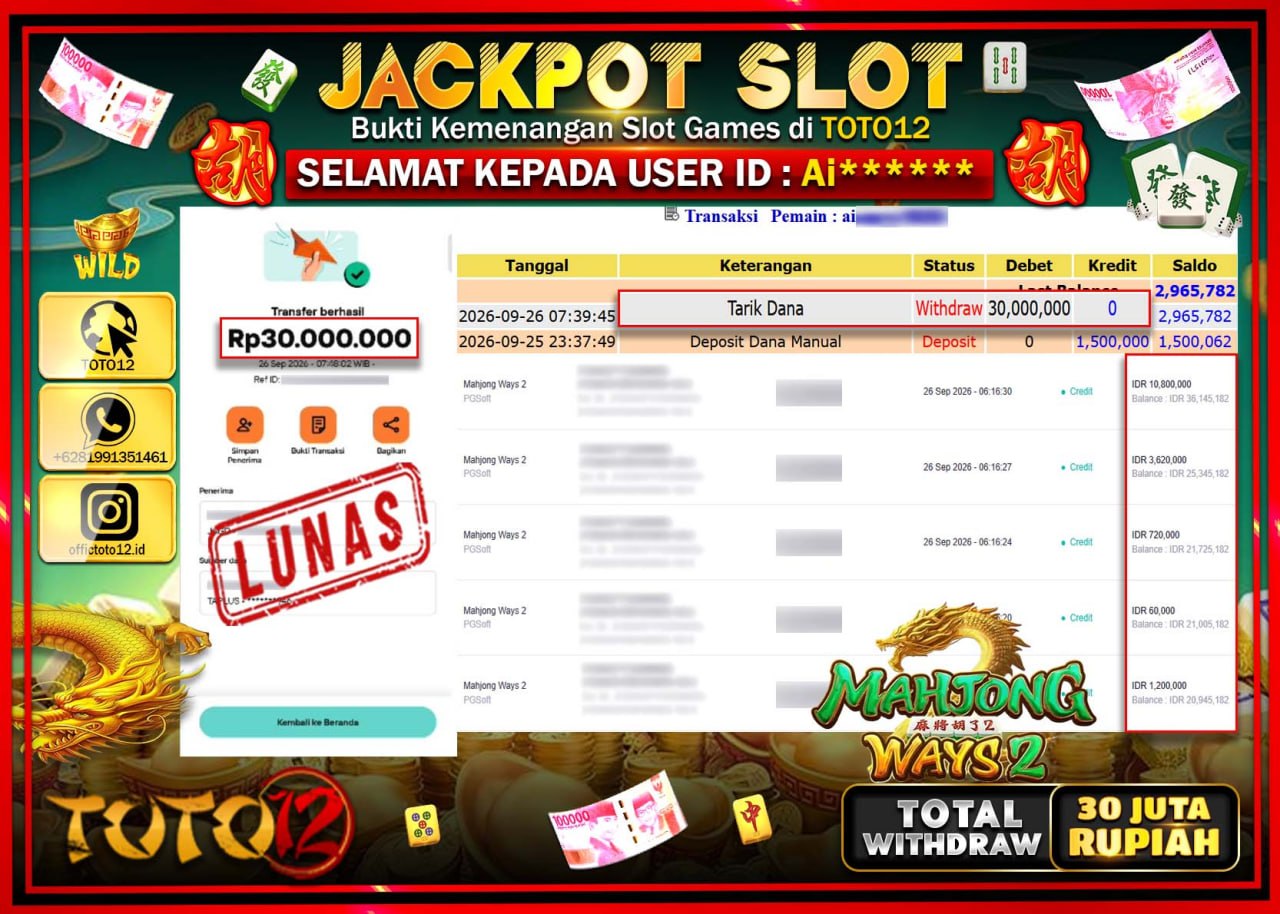 HANYA DI TOTO12 JP PASTI DI BAYAR LUNAS DAN CEPAT!!!!!! JACKPOT SLOT GAME (MAHJONG WAYS 2) Rp30.000.000!!!!